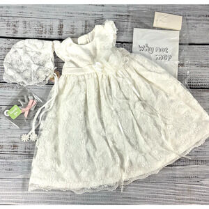 PETITE JR Baby Girl Ivory Lace Dress XS 3-6 mths Bonnet Bow Wedding Dedication 1